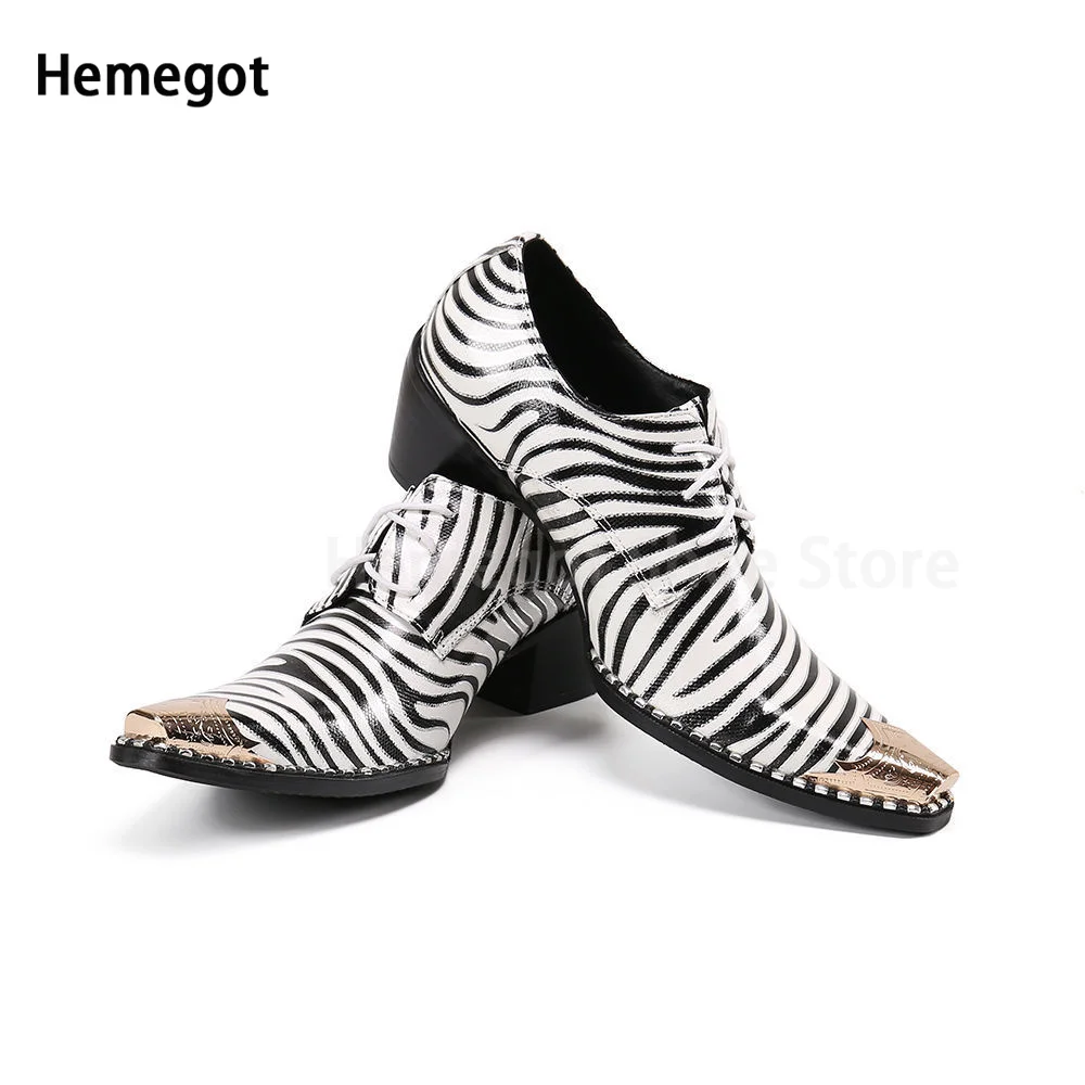 

Zebra Stripes Lace-Up Brogue Shoes for Men Iron Toe High-Heeled High-End Men's High-Heeled Leather Shoes Banquet Dress Shoes