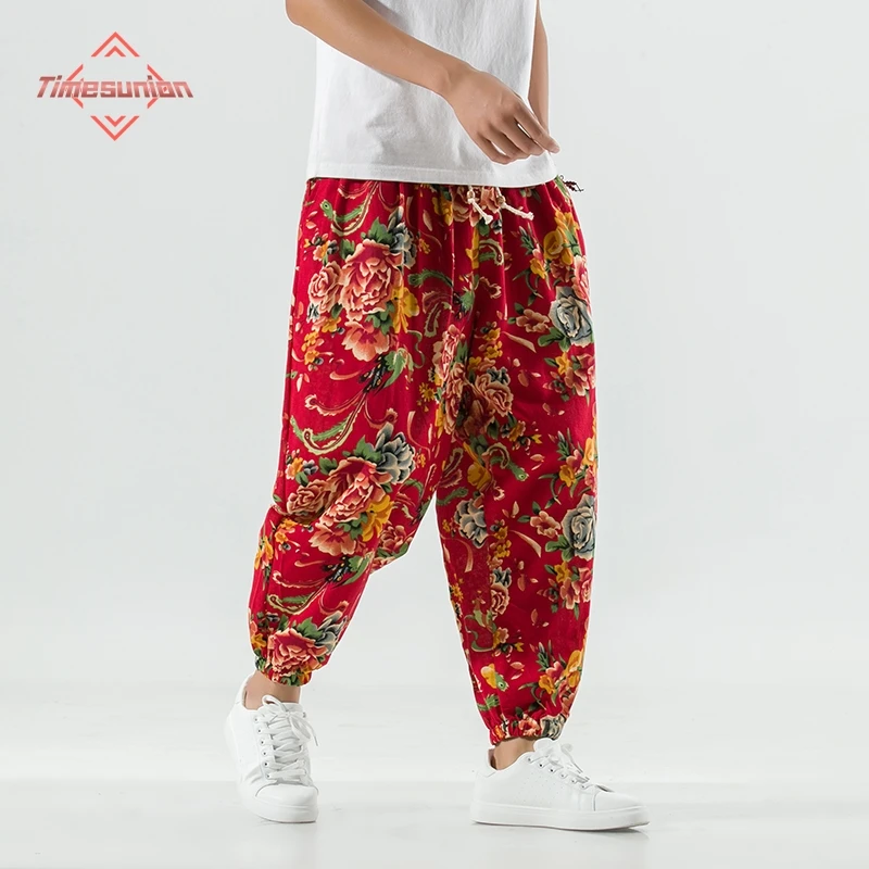 2024 Spring/Summer Cotton Linen Pants for Men Flower Print Casual Pants Chinese Style Loose Elastic Waist Cropped Harem Pants