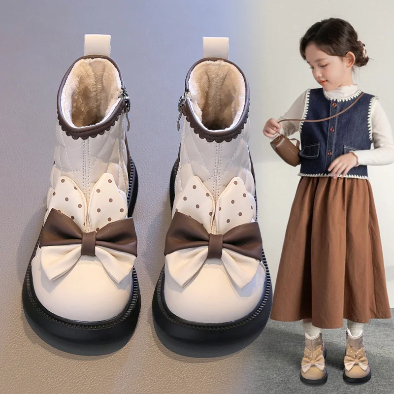 Zapatos de felpa para Niña, botas cálidas para niño, botines de princesa a la moda, botines de plataforma de cuero de lujo, Invierno