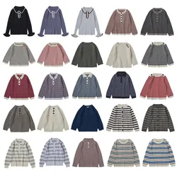 Pre-sale(Ship in September) 2024 FUB Autumn Kids Clothes Girls Sweater Boy Striped Cardigan Shoulder Button Three Button Sweater