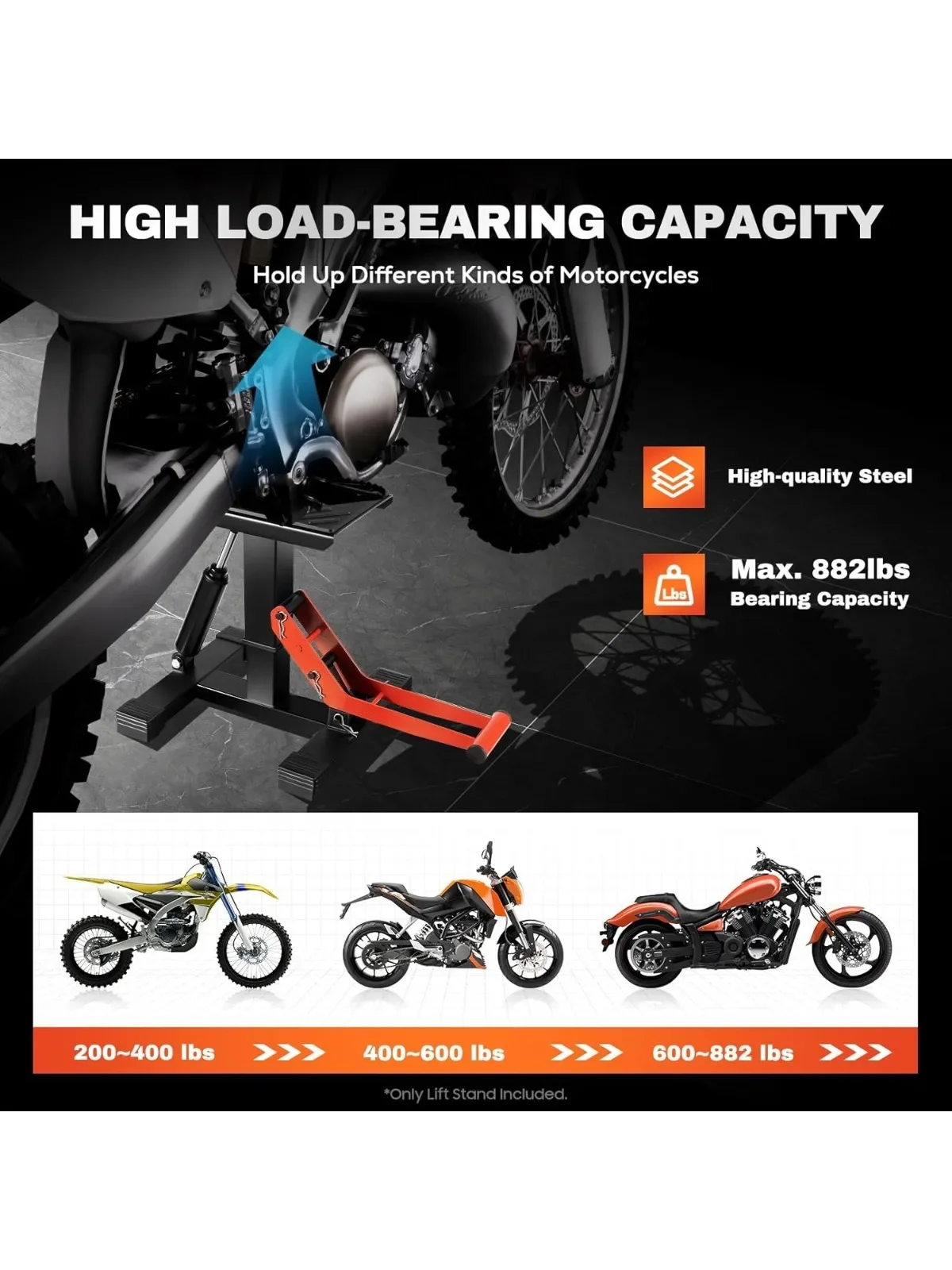 Support de levage pour moto, support de levage stable pour moto, hauteur réglable pour motos tout-terrain, plaque en caoutchouc anti-rayures, équipement d'atelier durable