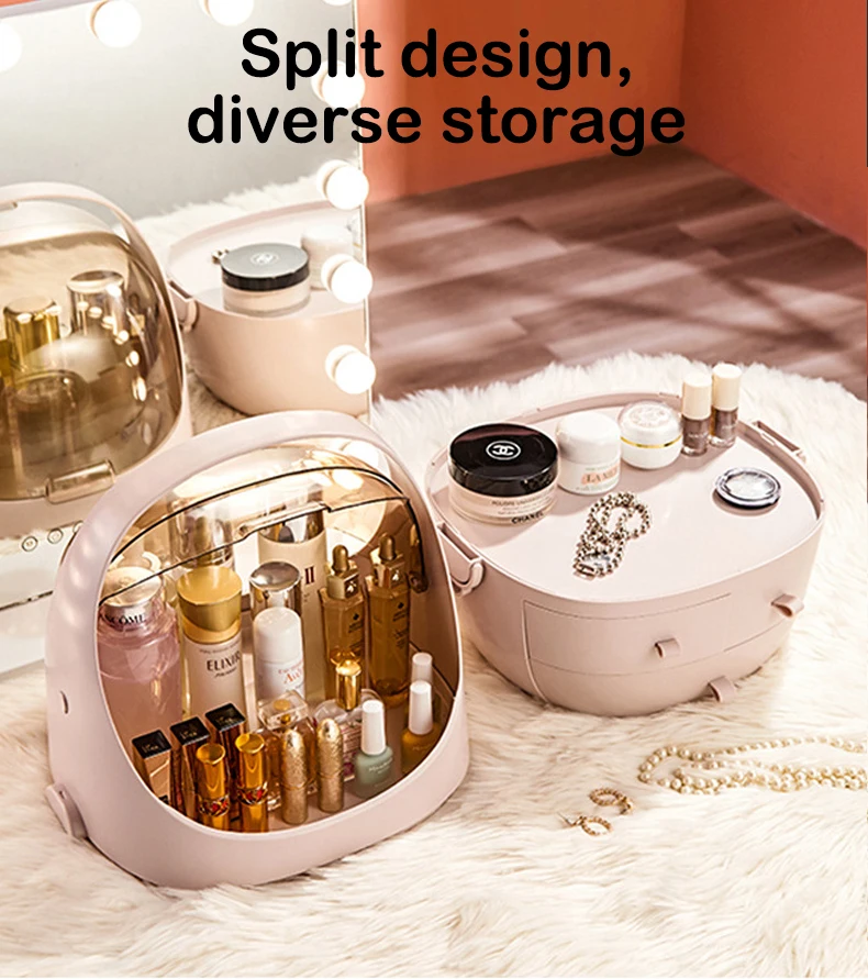 Multifunctional Dustproof Cosmetics Storage Box Space Capsule Cosmetic Case Transparent Skincare Shelves Dust Belt Handle