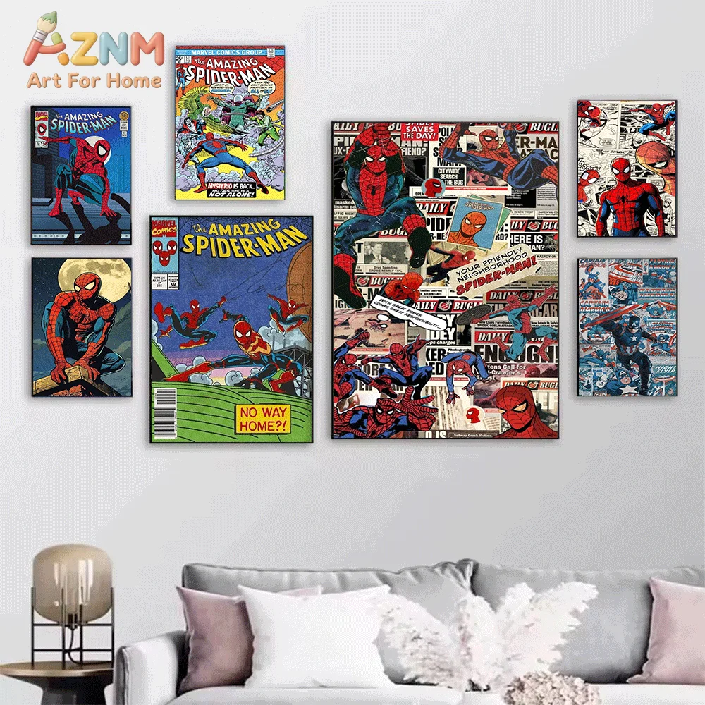 AZNM Spiderman Pop Burst Comic Canvas Wall Print, Retro Superhero Action Speech Bubble Art Poster, Unframed Canvas Painting fo