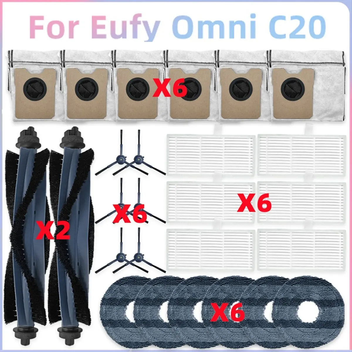 【A29R】Pièces de rechange pour aspirateur Omni C20 : rouleau principal, brosse latérale, filtre HEPA, chiffon de nettoyage, sacs à poussière, accessoires.