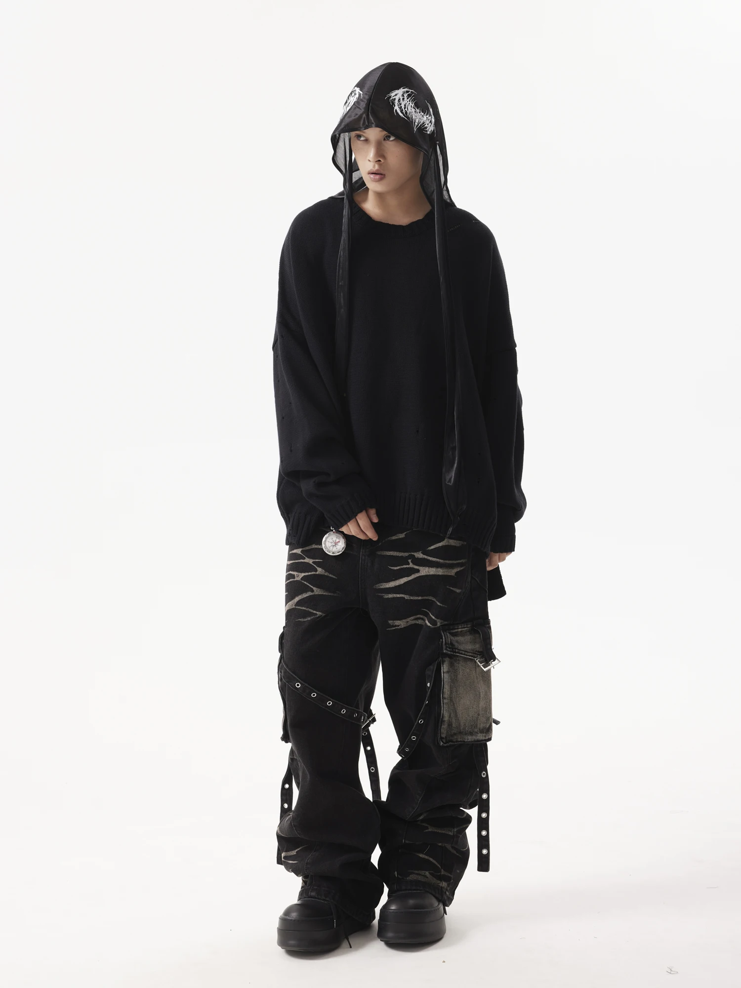 American Retro Corrugated Multi-Pocket Lace-up Jeans Special-Interest Design Heavy Industry Loose Straight Cargo Trousers