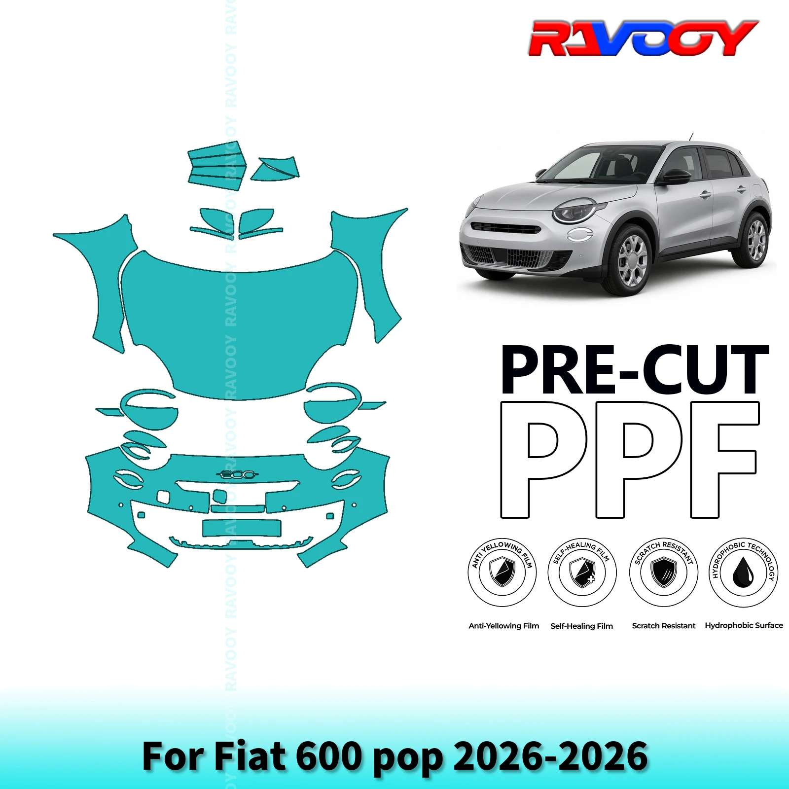 For Fiat 600 pop 2026-2026 Full Front 8.5Mil Pre-Cut Paint Protection Film PPF Stone Chip Kit | Clear/Matte/Black Finish Options