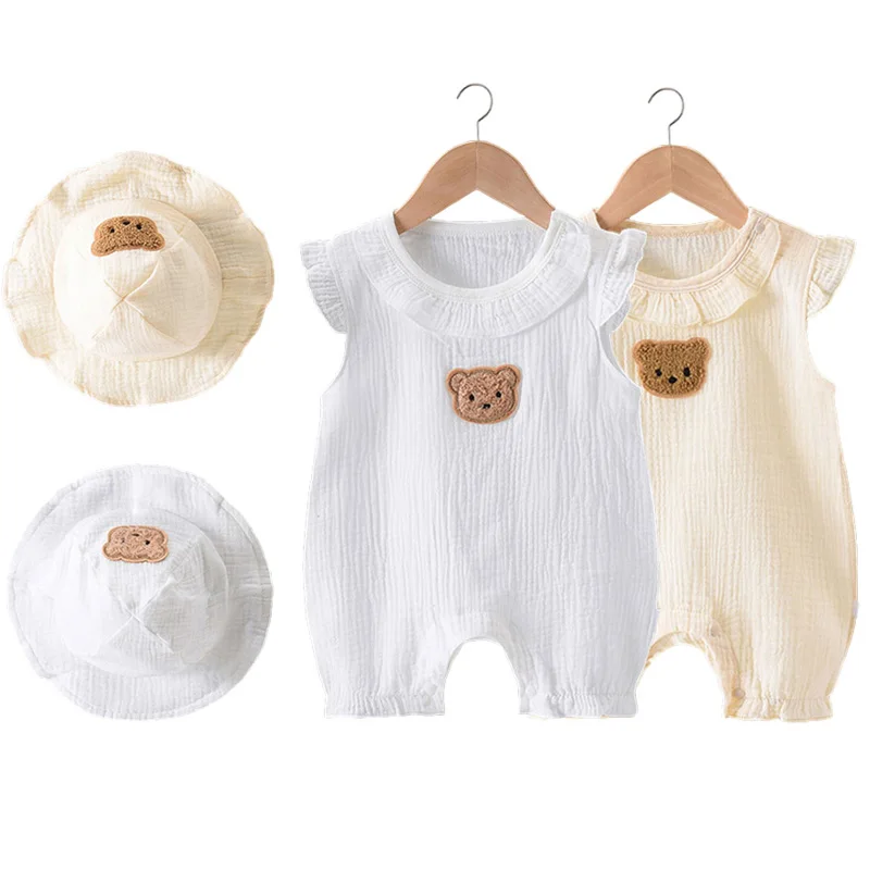 New！Baby Romper Hat Set Summer Muslin Clothing For Boys Girls Cartoon Bear Jumpsuit Flying Sleeves Infant Onesie 0-24 Month