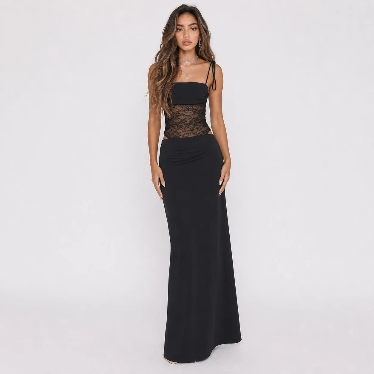 New Style Lace Off-shoulder Strap Smart Fit Split Long Dress, Erotogenic Patchwork Hollow Out Sheer Dress Luxury Lace Robe