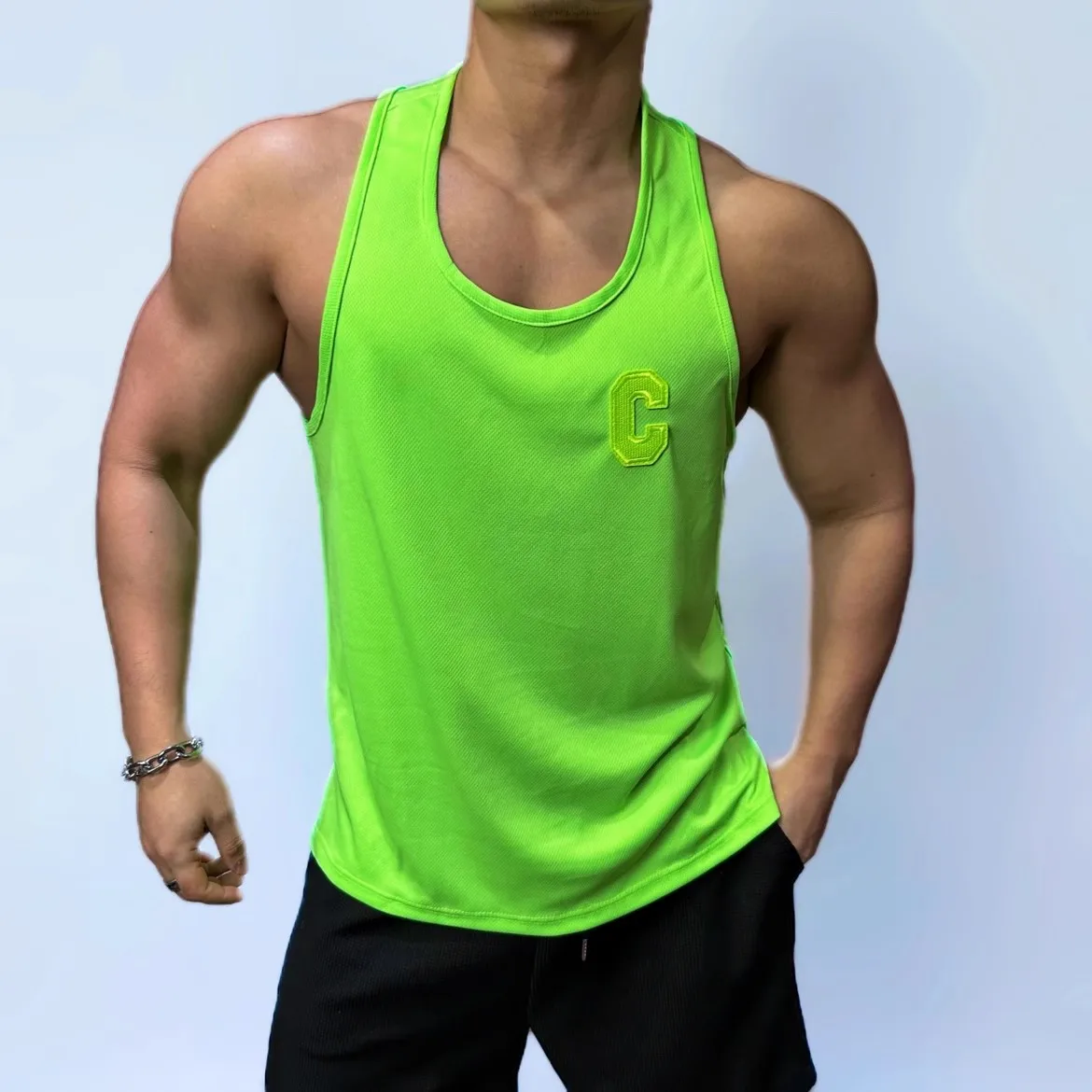 Solid Breathable Quick Drying Fluorescent Sleeveless Vest Sports Fitness Male Singer Stage Nightclub Bar Shirt