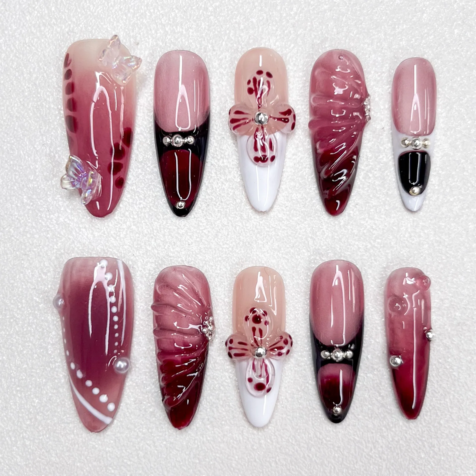 New Bow Relief Style Manicure Fake Nails Long Handmade Mandarin Duck Burgundy Female Nail Decoration Gradual Change Series