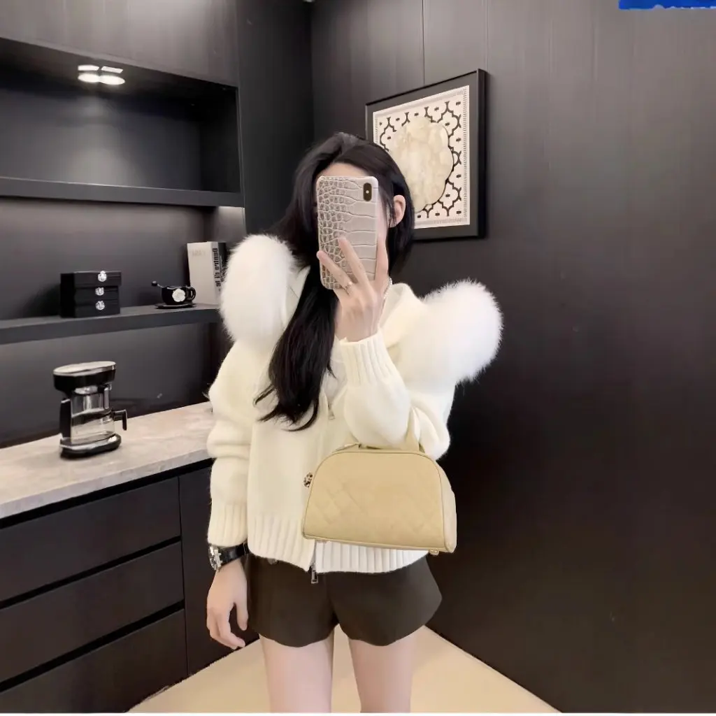 

High-End Women's Loose Knitted Cardigan with Big Fur Collar Hooded Zipper Internet Celebrity Lazy Atmosphere Sweater Jacket