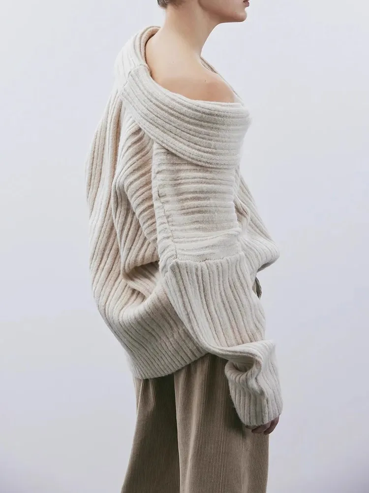 VGH Solid Knitting Minimalist Loose Sweaters For Women Diagonal Collar Long Sleeve Off Shoulder Casual Pullover Sweater Female