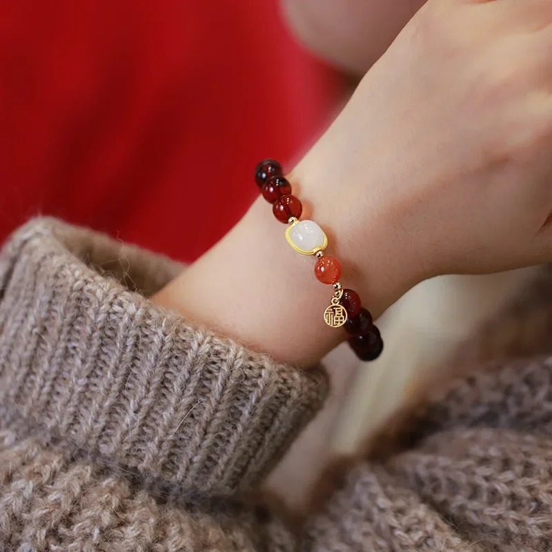 

8mm handmade bracelet natural amber, southern red agate, gold-plated inlaid Hetian jade, bracelet gemstone jewelry gift