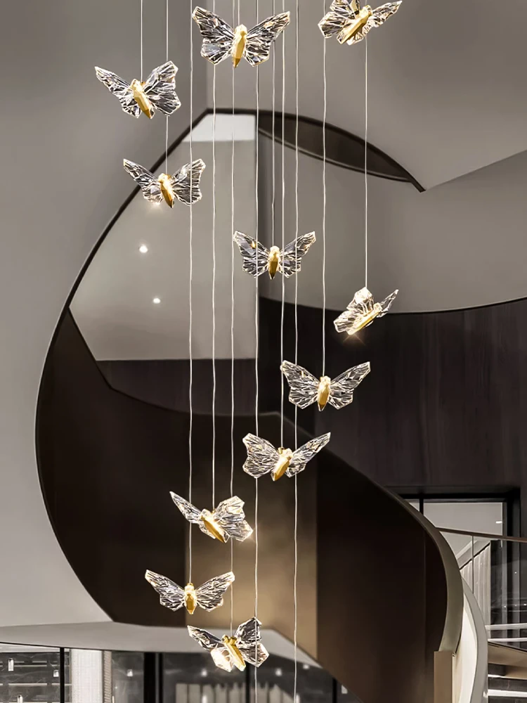 Hanging Chandelier Stair Modern Pendant Chandeliers Ceiling For Living Room Butterfly Patterned High Ceiling Stairs Hanging Lamp