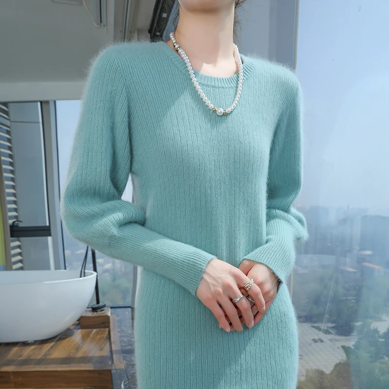 Nowy sweter damski na jesień i zimę z dekoltem w serek, luźny sweter z dzianiny z kaszmiru norkowego, koszula bazowa, długa sukienka z długimi włosami.