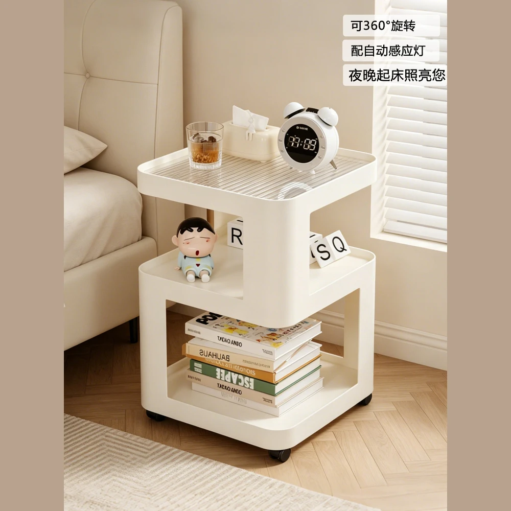 Cream Style Mobile Iron Side Table Storage Rack, Bedroom Nightstand Alternative with Wheels, Living Room Sofa End Table