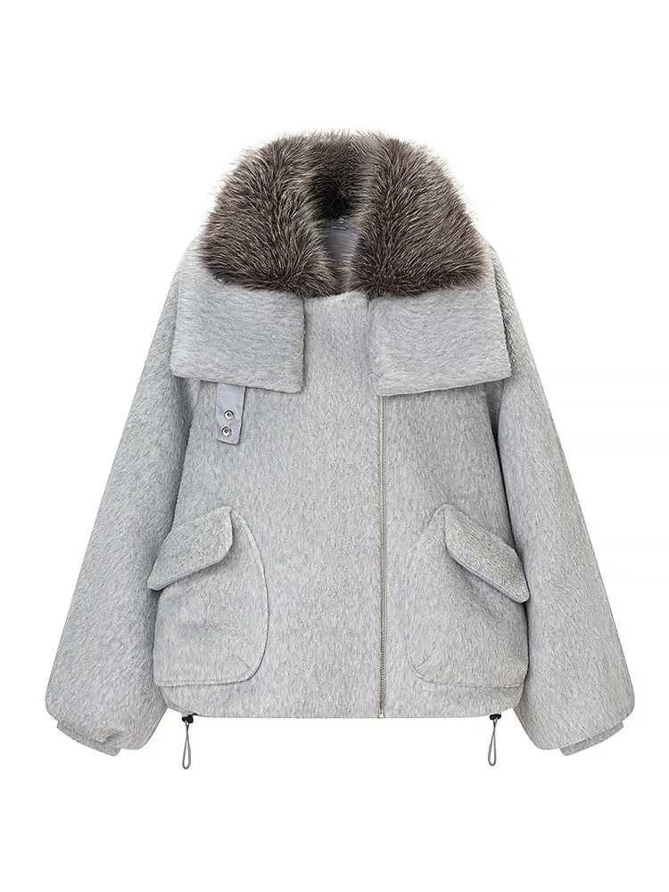 

HH Women Fashion Coats Gray Turn-Down Collar Long Sleeves Pockets Decoration Zipper Winter Short Coat Woman Casual Loose Jackets