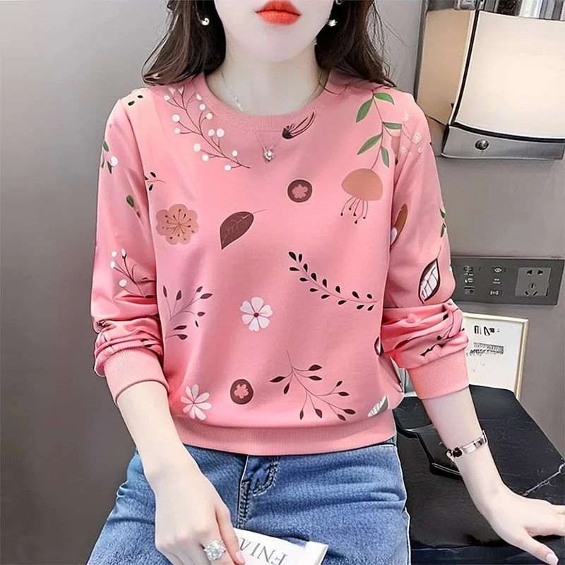 Women Spring Round Neck Sweatshirt Loose Floral Print Long Sleeve Casual Fashion T Shirt Top