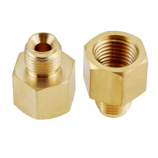 2 sztuk mosiądz konwersja Adapter montaż komponenty dla RV propan wąż 1/4 "kobieta rury NPT x 1/4" odwrócony mężczyzna Flare(7/16-24UNF)