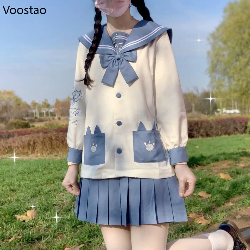 

Japanese School Uniform Suit Bowknot Sailor Collar Cartoon Cat Spring Autumn Long Sleeve JK Uniform High Waist Pleated Skirt Set