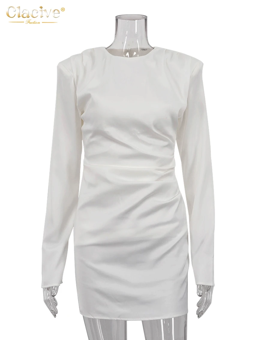Clacive カジュアルスリムホワイト女性のドレスエレガントな O ネック長袖ミニドレスファッションクラシックシャーリング女性ドレスストリート