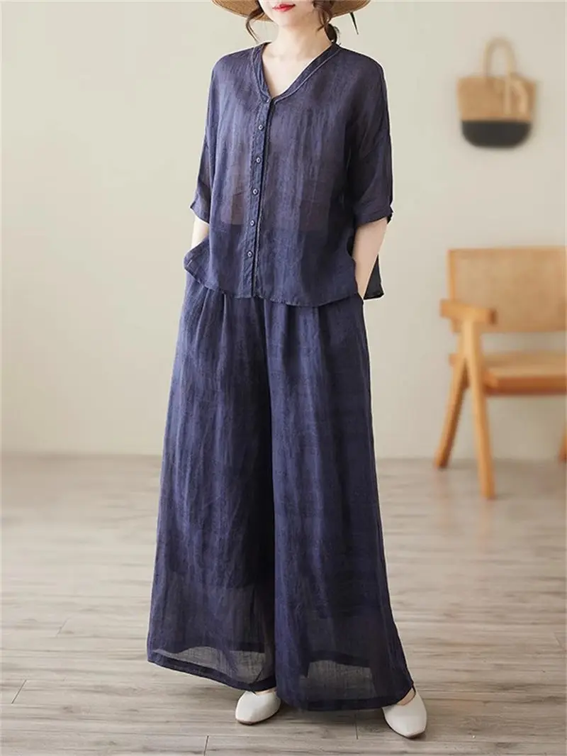 

Women's Large Size 2024 Summer Ramie Shirt & Wide Leg Pants Set - Trendy Artistic 2 Piece Outfit, Loose Fit Casual Ensemble G192