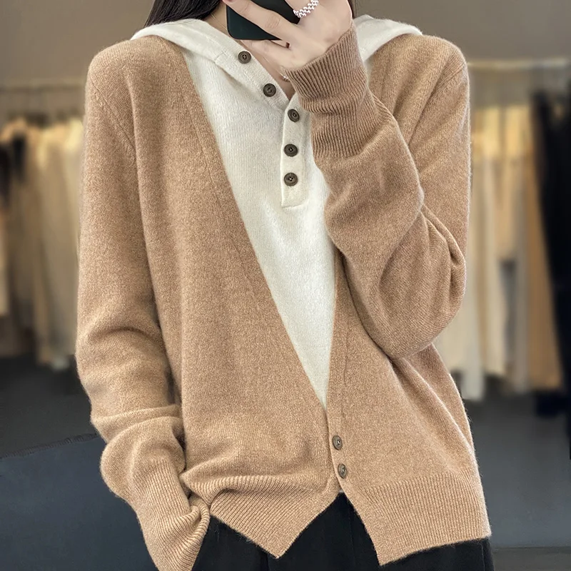 Autumn Winter Women 100% Fine Wool Sweater New Hooded Color Matching Fake Two Pieces Pullover Casual Knitted Bottoming Tops