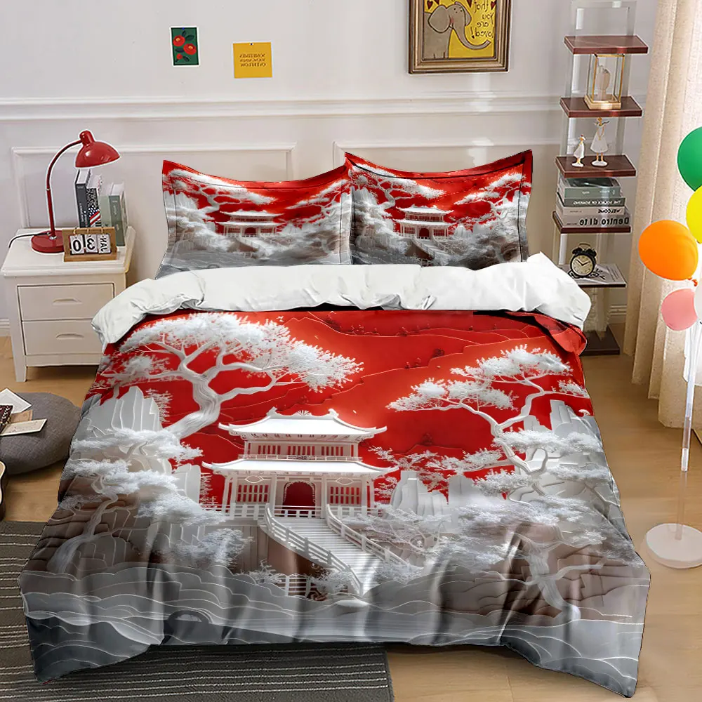 White relief courtyard with red background Bedding Set for Kids Luxury Gift 3pcs Digital Print Comforter Set Soft Comfortable