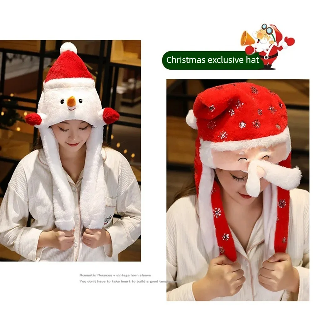 Weihnachtliche Plüschmütze mit Beweglichen Pop-up-Ohren Weihnachtsmann-Rentiermütze Lustiges Familien-Party-Kostümzubehör Weihnachtsgeschenk für Erwachsene und Kinder