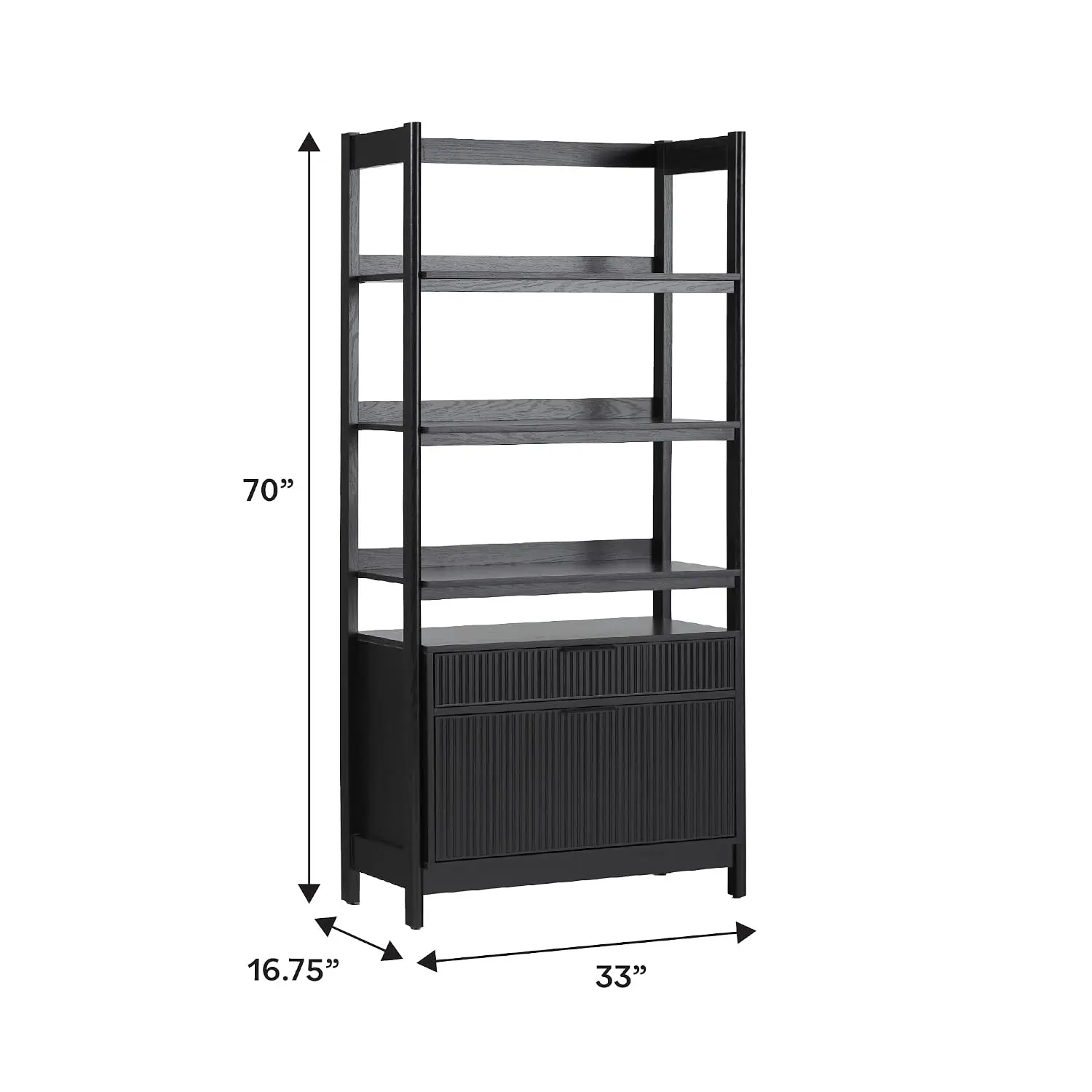 Open Reeded 4-Shelf Bookcase with Bottom Drawers for Home Office & Living Room, 33