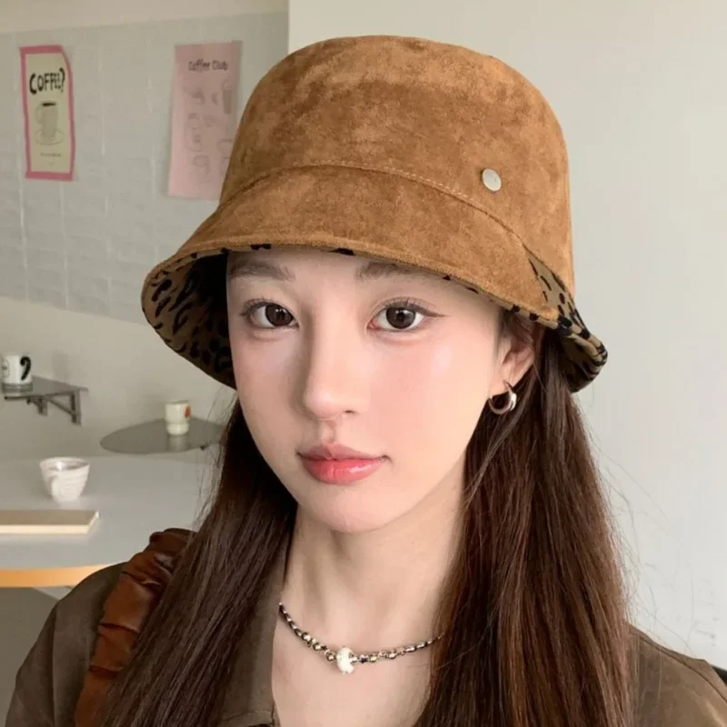 New Basin Hat Suede Splicing Drawstring Bucket Hat Womens Retro Niche Leopard Print Basin Hat Autumn Winter Versatile Warm