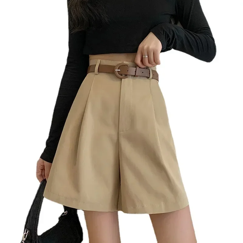 Women\' Summer Casual Shorts 2025 New Streetwear with Belt Cotton Wide Leg Shorts Female High Waist Straight Knee Length Pants