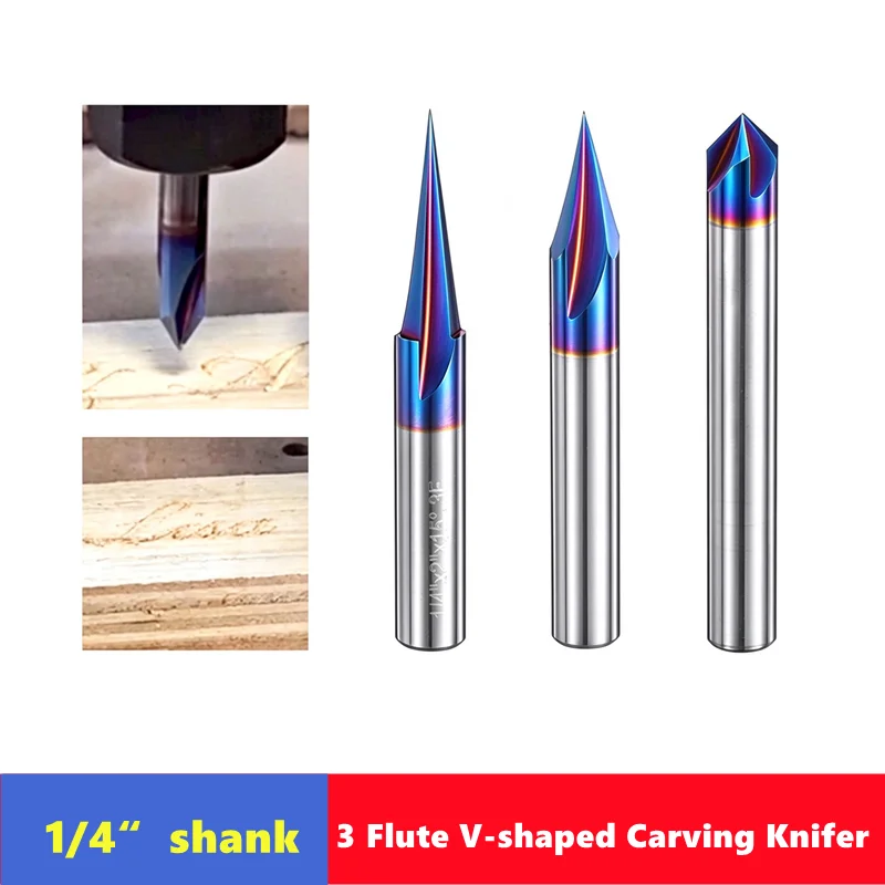 1/4 Inch Shank 3 Flute V-shaped Carving Knifer, 15/30/45/60/90 Degrees  Chamfering End Mill HRC93 Carbide  CNC Router Bit