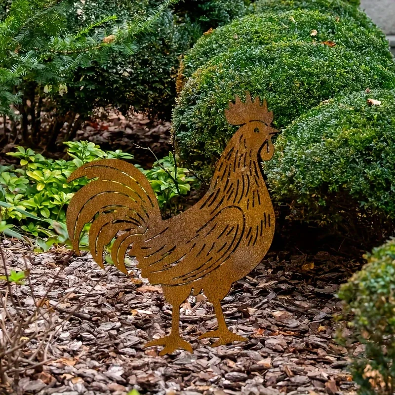 1pc Metal Farmhouse Rooster Yard Decoration - Rustic Metal-like Cast Iron-like appearance, Sturdy Base for Garden, Patio, Farm