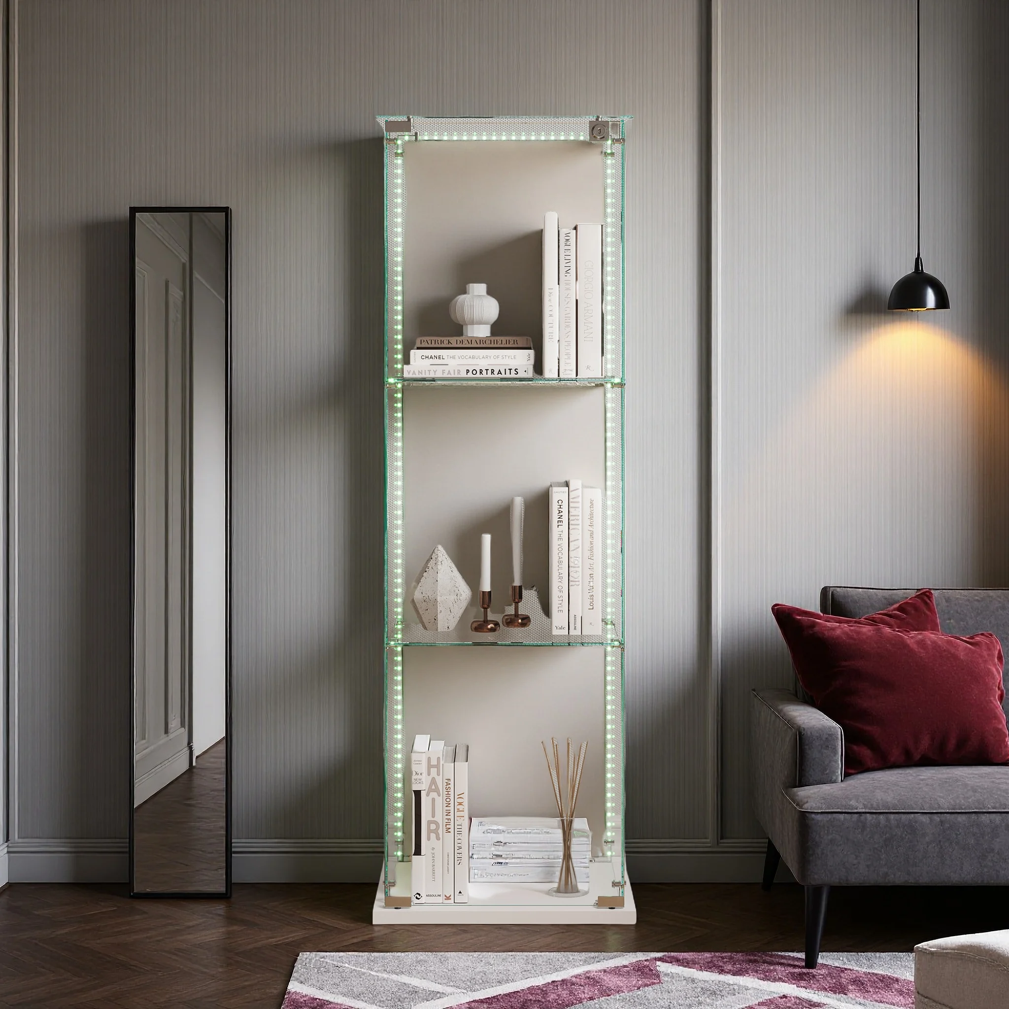 Anajqaqia Glas-Vitrine LED-Ausstellungsschrank 3-stufige Einzeltür-Vitrine Aufbewahrungsschrank mit Weißem Sockel