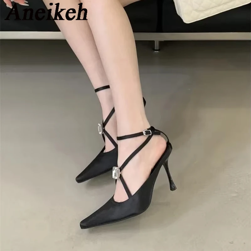 Aneikeh Sexy Pointed Toe Thin Heels Banquet Dress Party Prom Mule Ladies Shoes Spring Designer CRYSTAL Buckle Strap Pumps Women