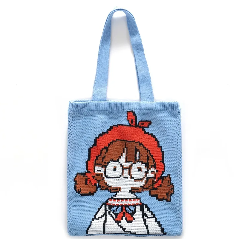 

Female Crochet Knitted Yarn Cute Cartoon Top-handle Tote Bag Women High Street Fashion Casual Everyday Roomy Soft Open Handbag