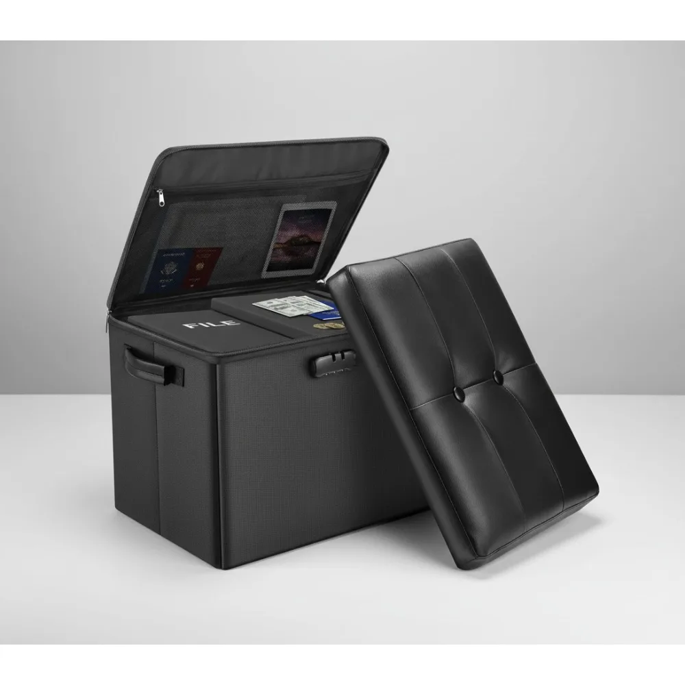 

Fireproof Waterproof Storage Ottoman with Lock, 17 Inch Foldable Foot Rest Stool Chest for Documents Cash