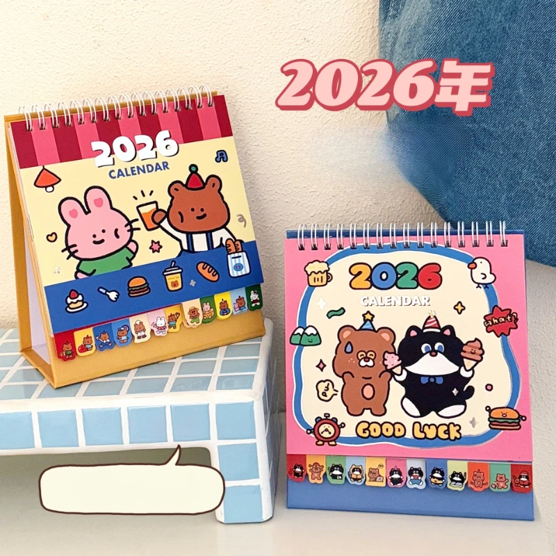 

2026 милый мультяшный настольный календарь, эстетический отслеживающий блокнот для отслеживания ворот, кавайный планировщик расписания, декор для рабочего стола для студентов и девочек