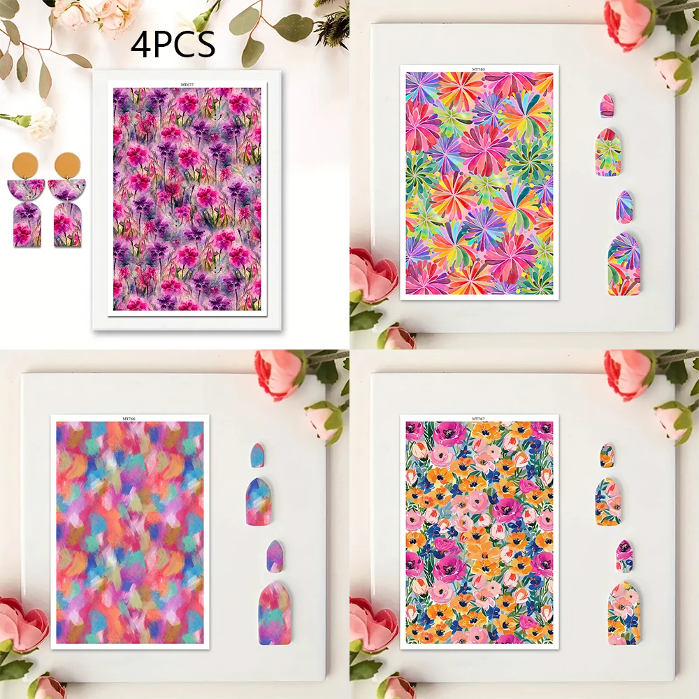 4pcs/set Colored Pattern Spring Flower Painted Pattern Polymer Clay Watercolor Transfer Paper Pottery Earrings Jewelry Sticker