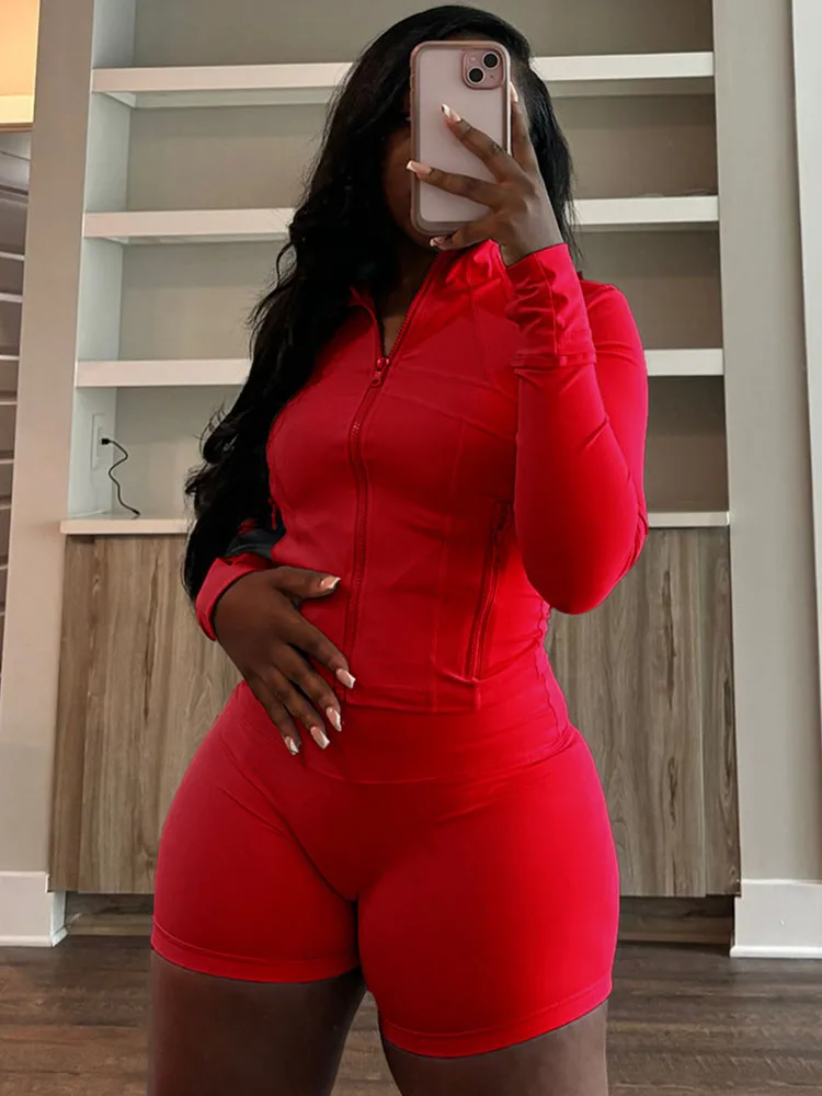 Doyerl Solid Casual Tracksuits Set Woman 2 Piece Sets Active Wear Long Sleeve Zipper Jacket Top and Shorts Sport Suit Matching