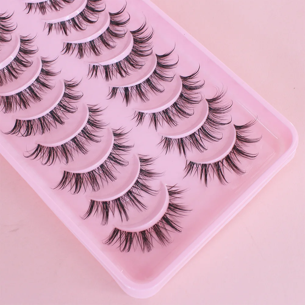 2023 New  Manga Lashes 10 Pairs 3D Clear Band Lashes Natural Look Wispy Mink Eyelashes Fluffy Cat Eye Lashes Pack Fake Eyelashes