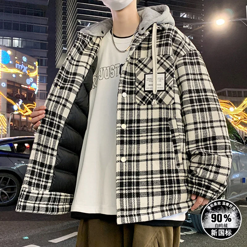 Casual 2024 Winter Men's Plaid White Duck Down Jackets Outwear Windproof Loose Warm Puffer Coats Youth Thicken Top Down Clothing