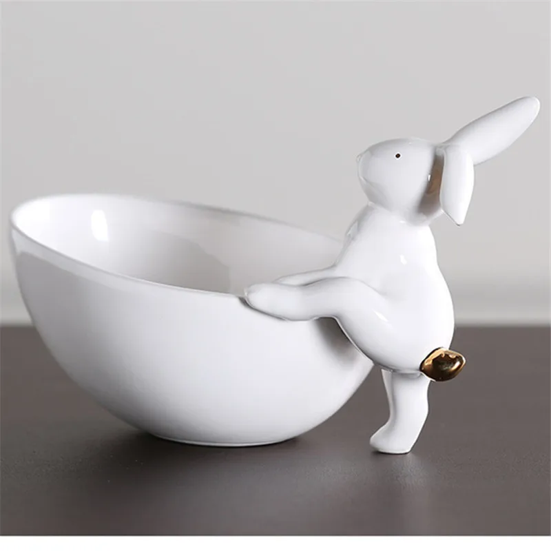 

White Porcelain Rabbit Storage Tray Cartoon Animal Bowl Candy Food Box Simple Ceramic Crafts Home Decoration