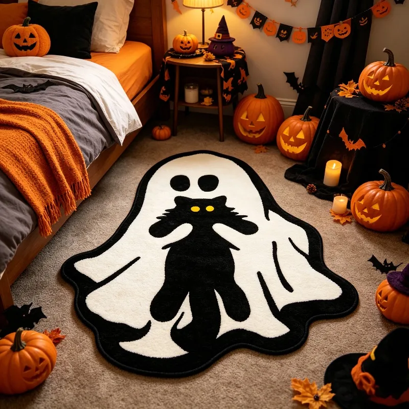 VIKAMA Ghost Hugging Black Cat Shaped Rug Halloween Irregular Fluffy Area Carpet Non Slip Cute Ghost Cat Floor Mat Home Decor
