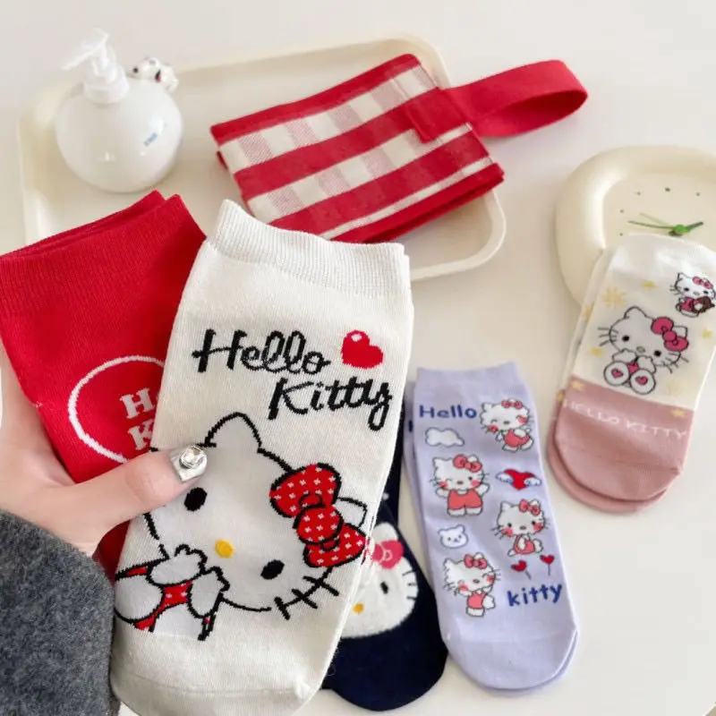 

5pairs Kawaii Sanrio Hello Kitty Women Socks Cute Cartoon Christmas Anime Cotton Sweet and Comfortable Breathable Sock for Kids