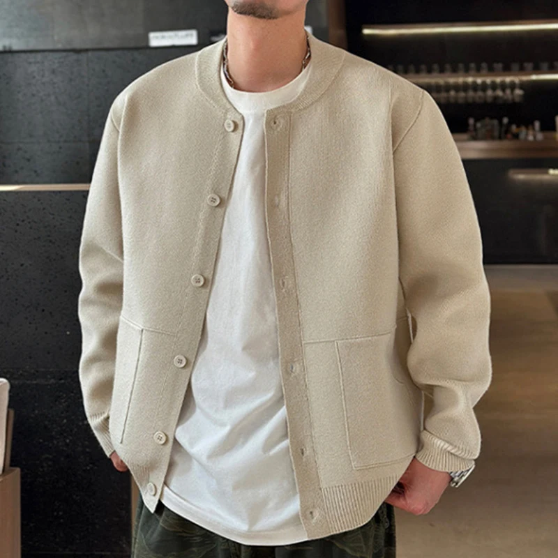 Trendy Men's Solid Color Sweatercoats Autumn Outdoor Fashion Button-up O Neck Cardigans Men Knitting Long Sleeve Sweater Jacket