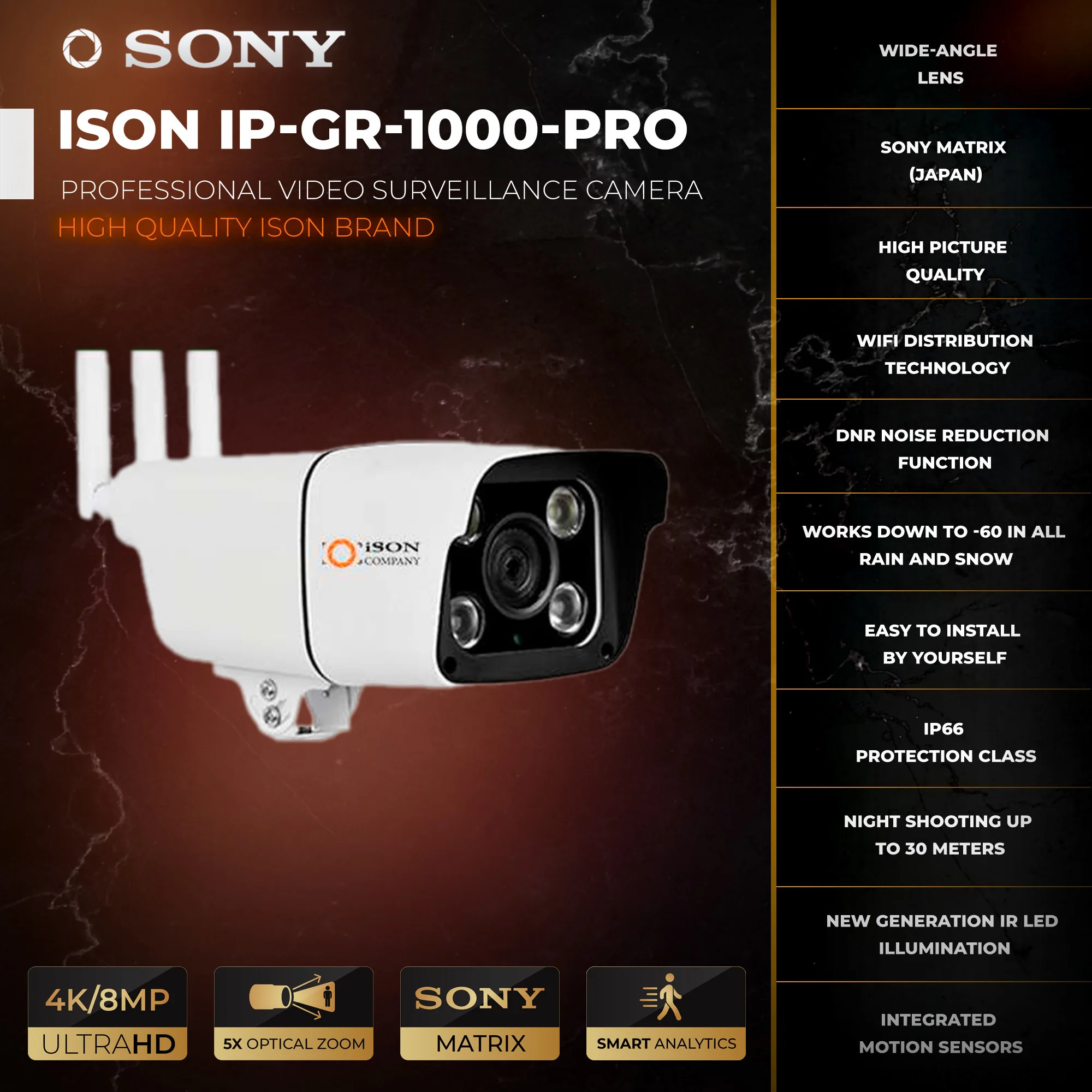 High-Quality Smart Digital IP WI-Fi 4G GSM video surveillance camera 8 megapixels ISON IP-GR-1000-PRO 8MP