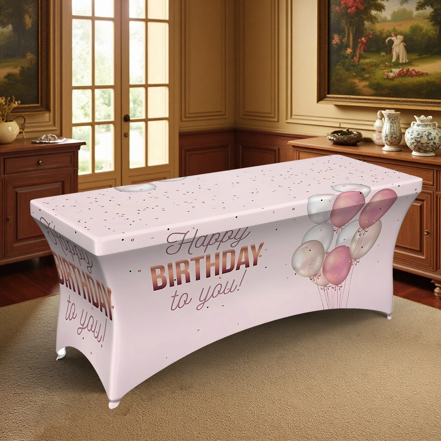 1PC Summer Outdoor Elastic Tablecloth, Happy Birthday Balloon Printed, 4/6/8FT Rectangular Stretch Table Cover
