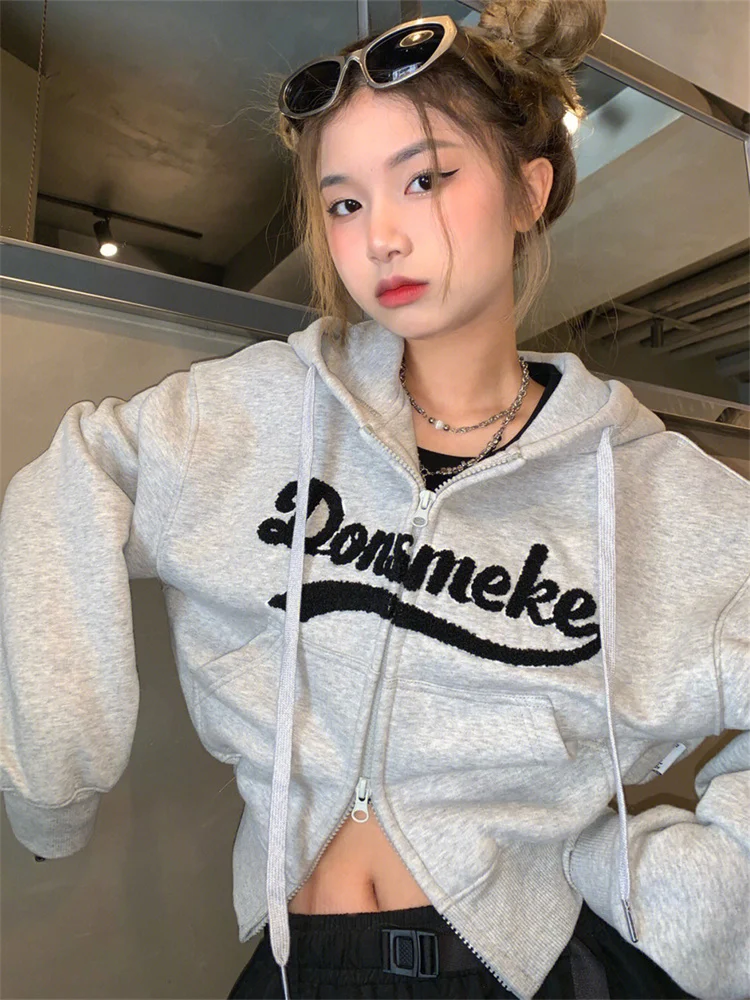 Korean Fashion Gray Cropped Hoodie Women Y2K Vintage Letter Zip Up Sweatshirts Spring 2023 Kpop Harajuku Hooded Jackets Casual